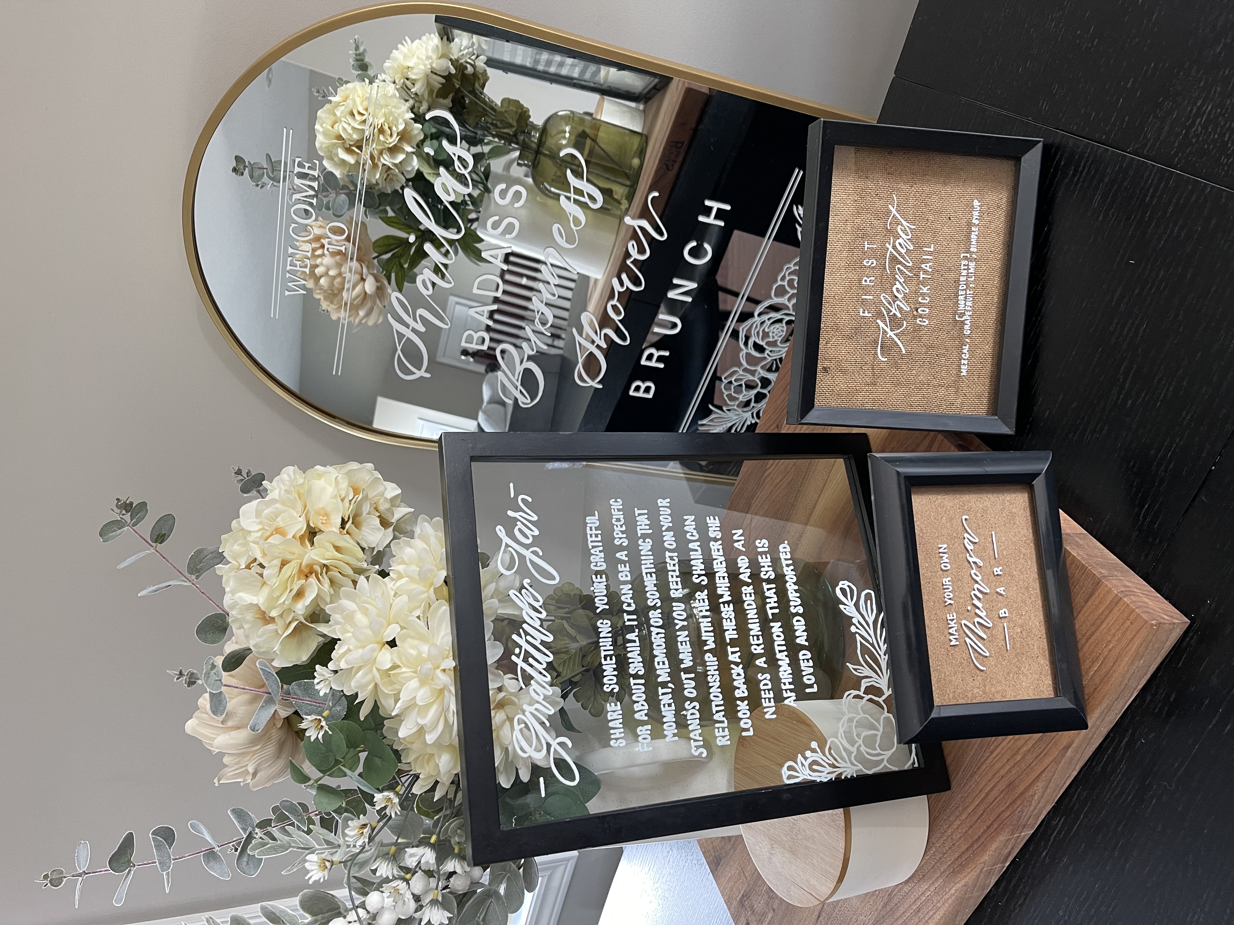 Wedding brunch signage and framed table pieces